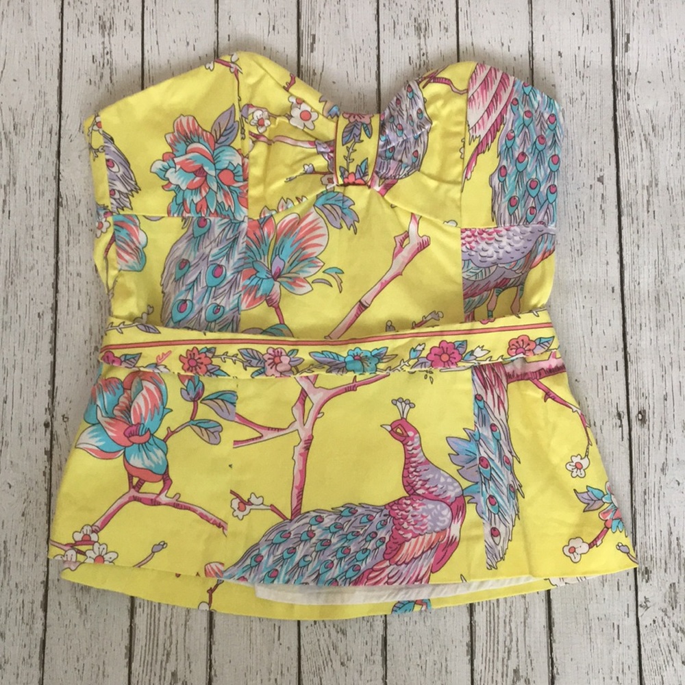 Tibi yellow peacock print strapless bustier top